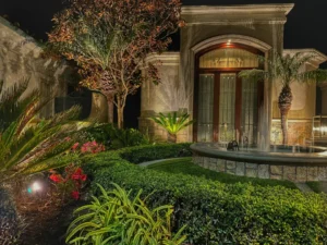 Architectural and landscape lighting on luxury home garden