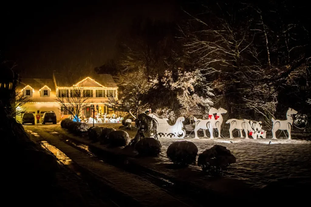 Christmas ligthting installation - House and outdoors with reindeers