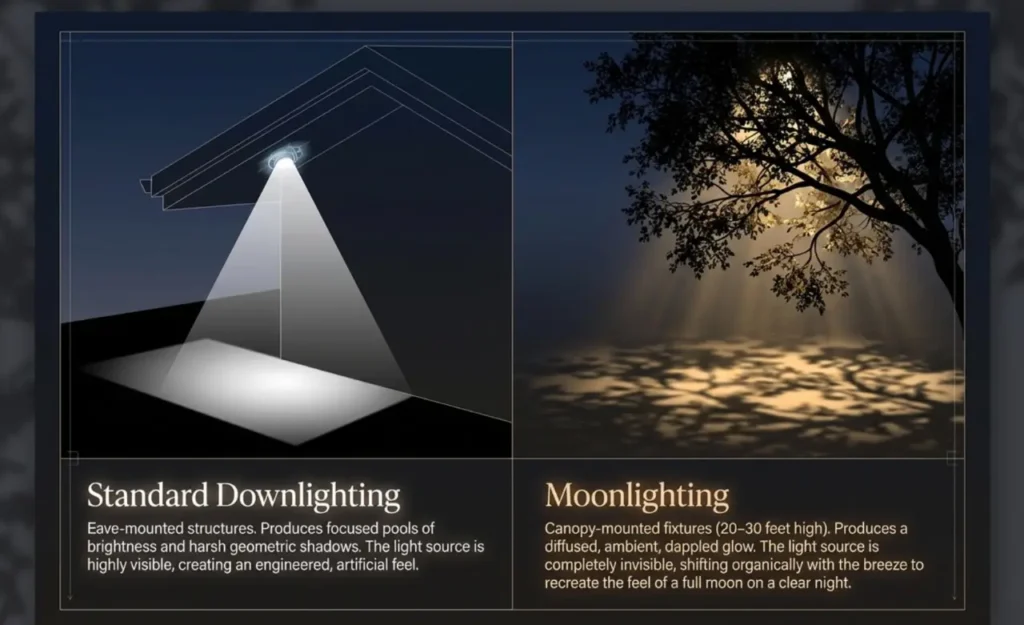 The difference of standard downlighting vs moonlighting
