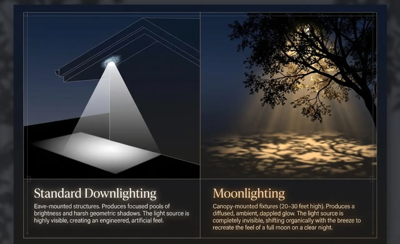 The difference of standard downlighting vs moonlighting