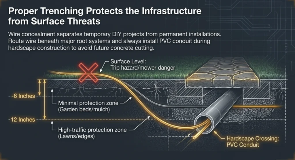 Proper underground trenching protects low-voltage wiring from surface damage and future hazards.