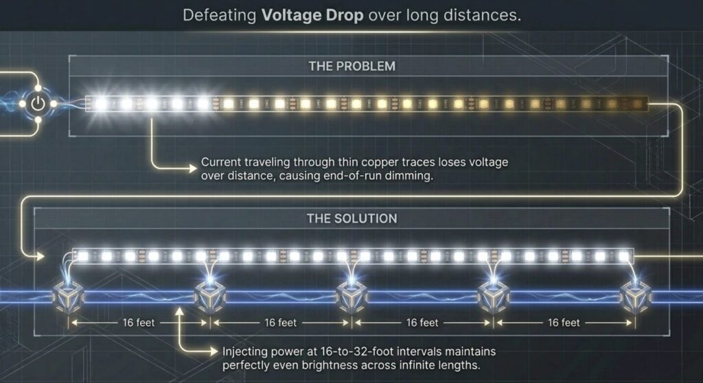 Diagram comparing two LED light strips: one dimming toward one end due to voltage drop, and one staying evenly bright because power is injected every 16 feet.