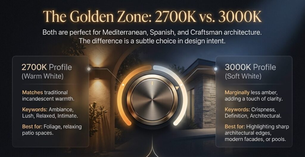 Infographic comparing 2700K warm white and 3000K soft white color temperatures for outdoor landscape lighting, with best-use cases for each.