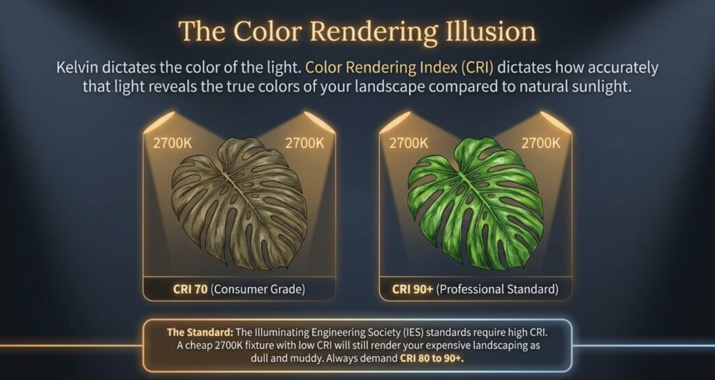 Infographic explaining CRI in outdoor lighting, comparing CRI 70 consumer-grade and CRI 90 professional-standard fixtures and their effect on landscape color accuracy.
