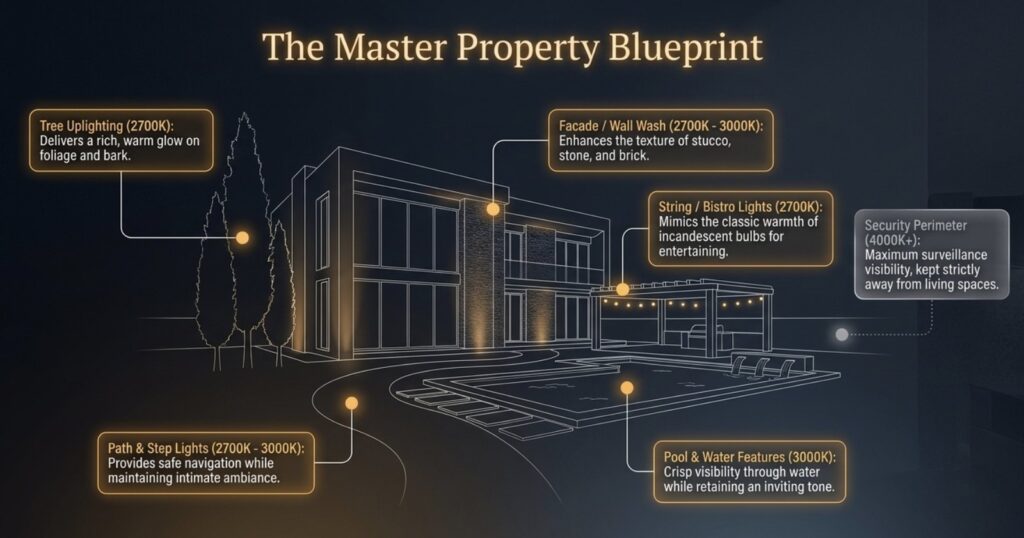 Infographic mapping recommended color temperatures by outdoor lighting application including tree uplighting, facade washing, path lights, pool lighting, and string lights.