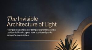 Infographic explaining how professional color temperature selection transforms residential landscapes from scattered yards into cohesive estate lighting designs.