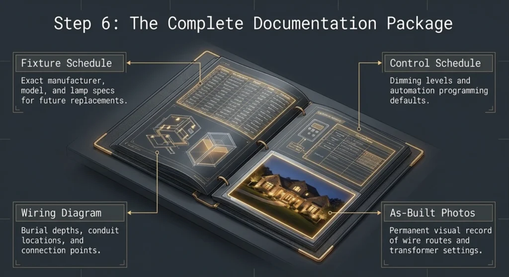 Illustrated binder showing four labeled sections of a lighting documentation package: fixture schedule, control schedule, wiring diagram, and as-built photos.