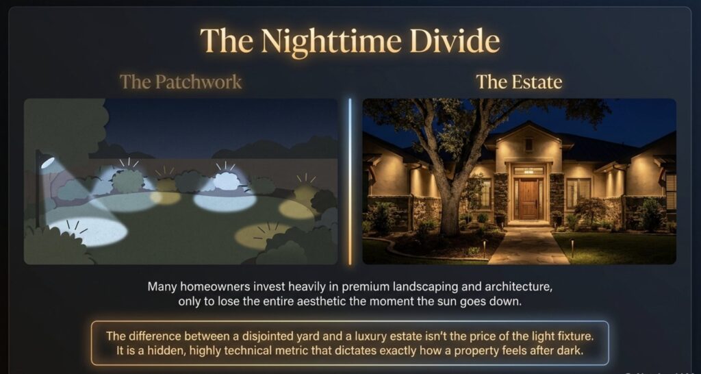 Infographic comparing the nighttime results of professional estate lighting versus disjointed consumer-grade outdoor lighting setups on residential properties.