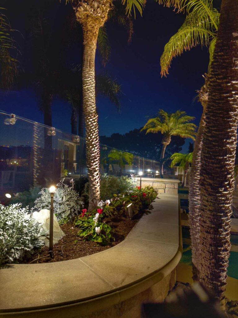 Path lights illuminate a curved walkway lined with flowering plants and a lit palm trunk, with string lights and distant water views visible at dusk.