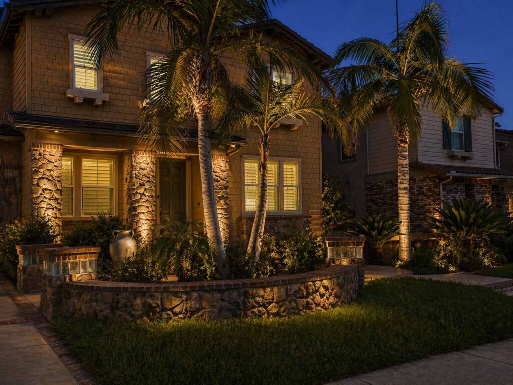 Stone-clad entry columns and palm trees are uplit at twilight beside a brick planter wall with glass block accents and a large ceramic urn.