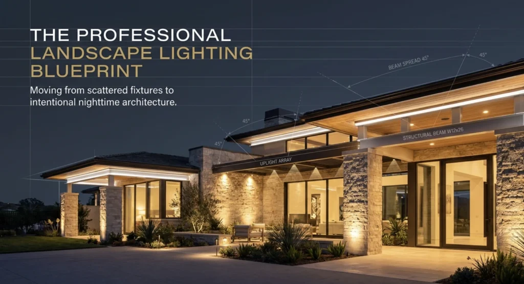Modern stone home lit at night with annotated diagram lines showing uplight beam spread angles along the entry facade.