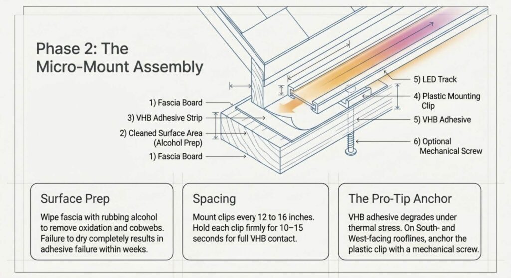 Close-up diagram of an LED light track mounted to a fascia board with a plastic clip, VHB adhesive strip, and optional screw anchor.