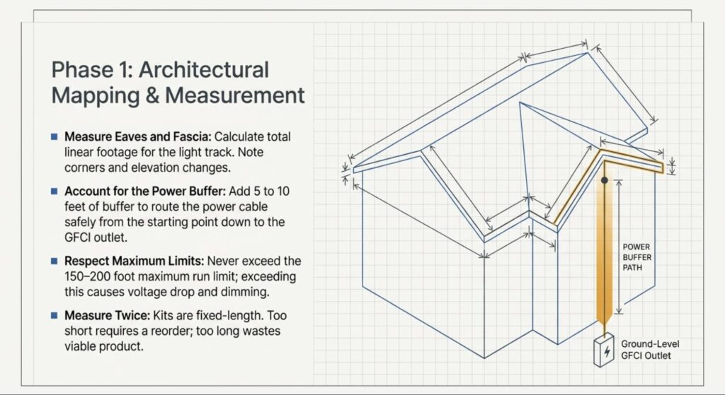 Diagram of a two-story house roofline with measurement arrows showing how to calculate eave length and plan the power cable route to a ground-level GFCI outlet.