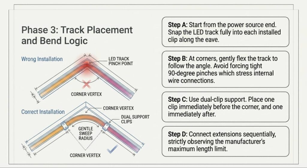 Side-by-side diagram comparing a wrong sharp-angle LED track installation versus a correct rounded corner installation with dual support clips.