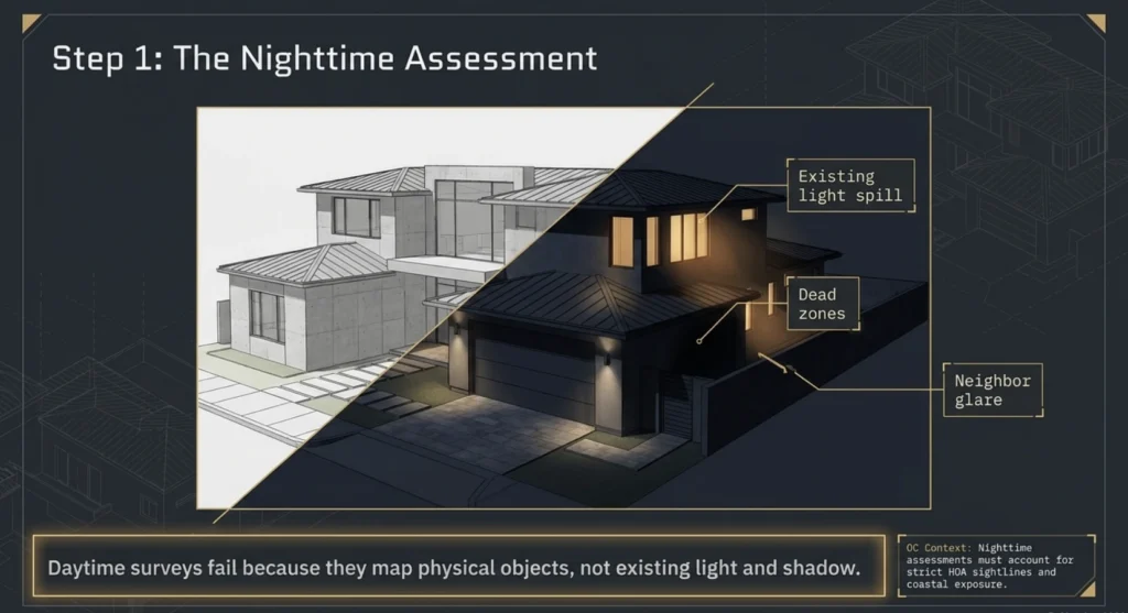 Split image of a home comparing a daytime sketch to a nighttime view labeled with light spill, dead zones, and neighbor glare.