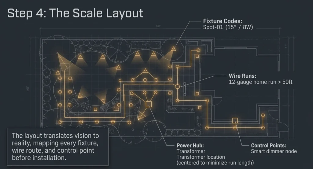 Scaled property diagram showing lighting fixture locations, wire runs, a transformer power hub, and control points.
