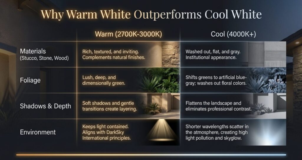 Infographic comparing warm white (2700K-3000K) and cool white (4000K+) outdoor lighting across materials, foliage, shadow depth, and environmental impact.