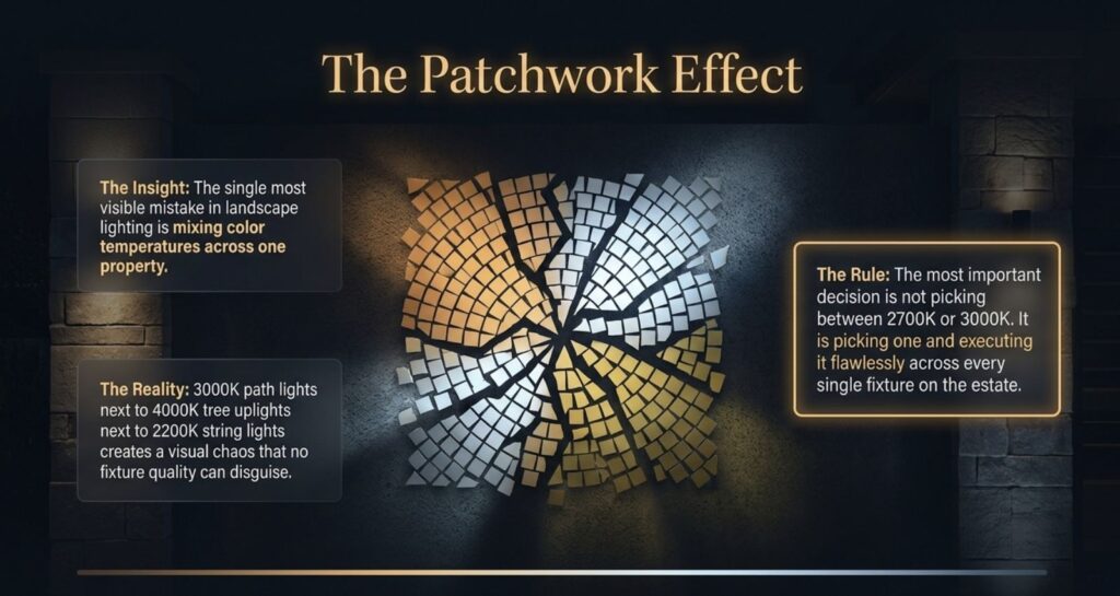 Infographic explaining the patchwork effect in landscape lighting and why consistent color temperature across all fixtures is critical to a cohesive outdoor lighting design.