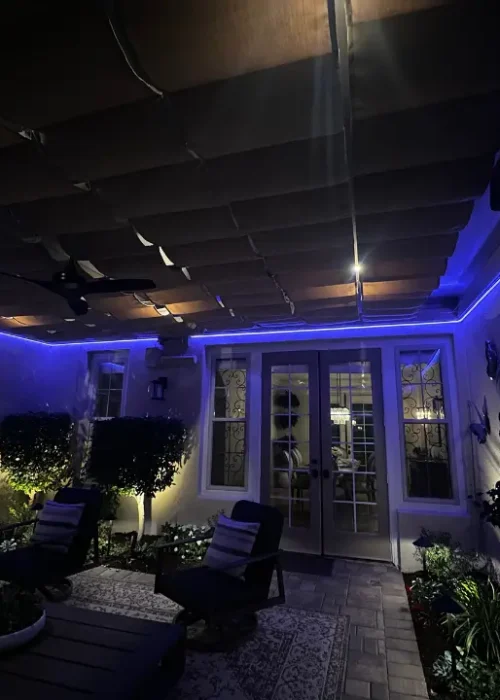 Ambient patio lighting highlighting outdoor seating space
