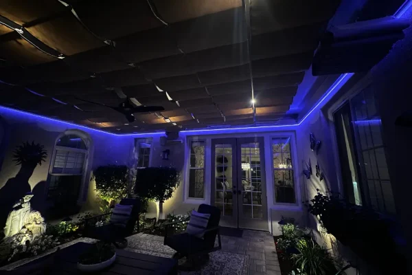 Ambient patio lighting highlighting outdoor seating space