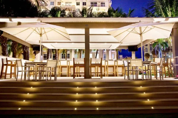 Deck stair lighting for outdoor patio and seating area