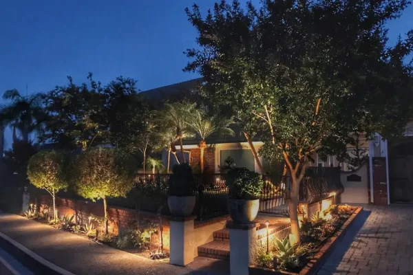 Front yard landscape lighting highlighting trees and garden beds