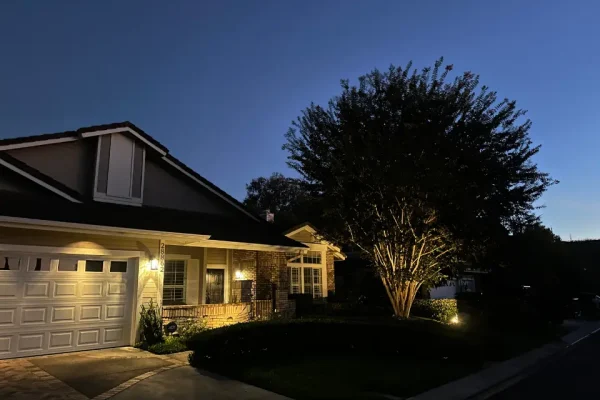 Front yard tree uplighting highlighting landscape and home exterior at dusk