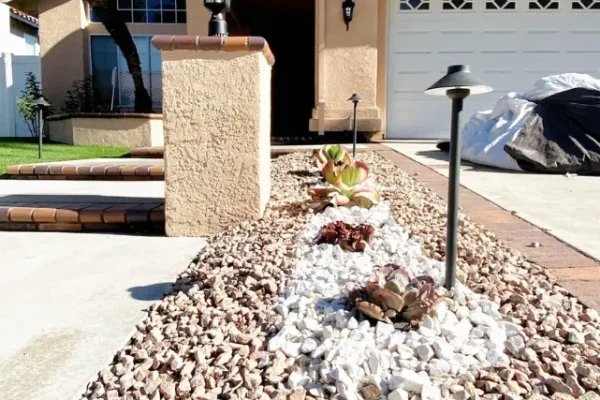 Front yard walkway light installed beside rock landscape bed and succulents