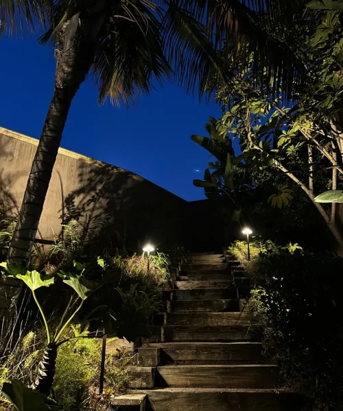 Landscape lighting design pathway lighting illuminating wooden garden stairs at night