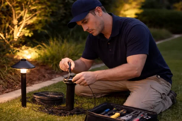 Landscape lighting contractor repairing a low-voltage pathway light