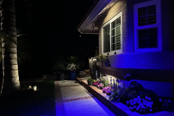 Landscape lighting repairs - Walkway garden lighting with blue accent lighting along home exterior