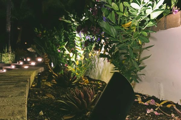 Path lights and uplighting accent a succulent and flowering garden bed along a stepped stone walkway beside a stucco wall.