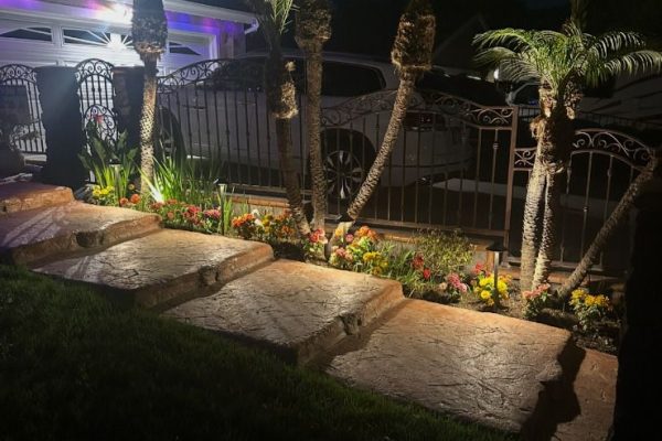 Front yard in Tustin, CA with a stepping stone pathway lit by low path lights, framed by uplit palm trees and a colorful flower bed beside a wrought iron gate at night.